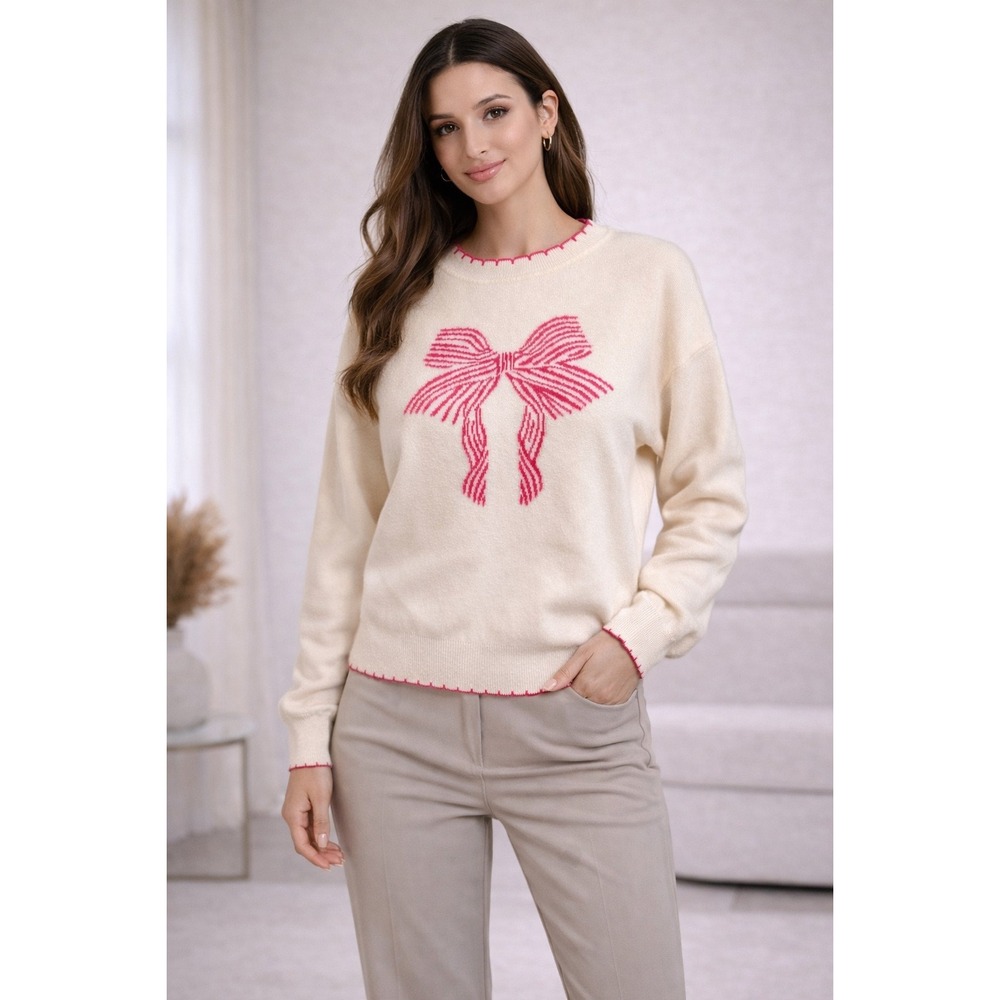 Willow & Wind Bow Intarsia Knit Sweater Womens Large Cream Pink‎ Excellent